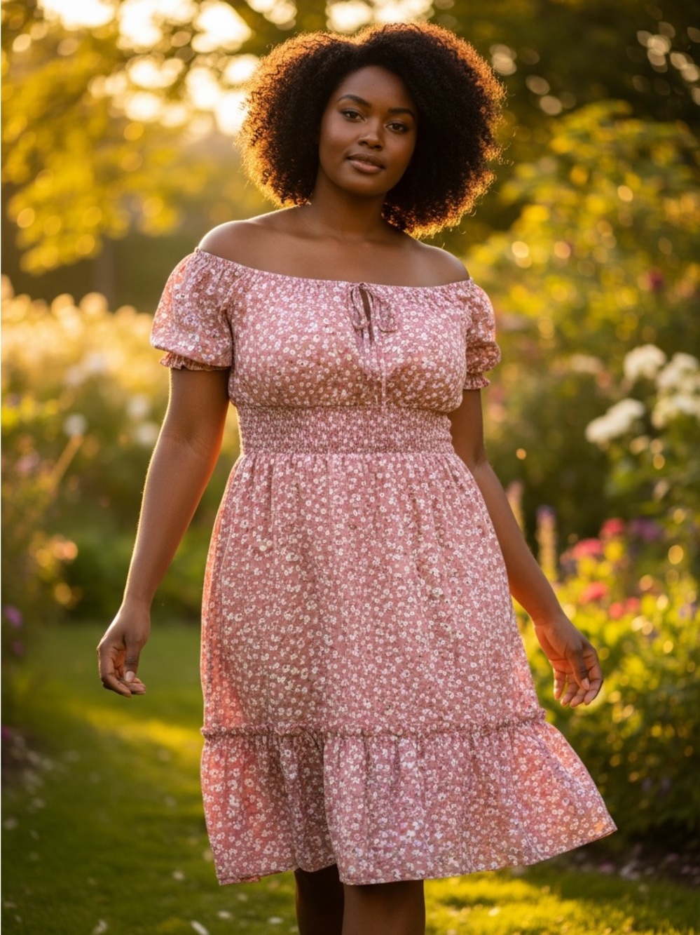 Pink ditzy floral midi summer dress| off-shoulder cap sleeve cottagecore